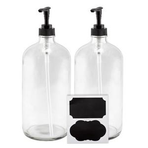 32oz Clear Glass Pump Bottles (2-Pack); Quart Size Soap Dispensers w/Black Plastic Lotion Locking Pumps