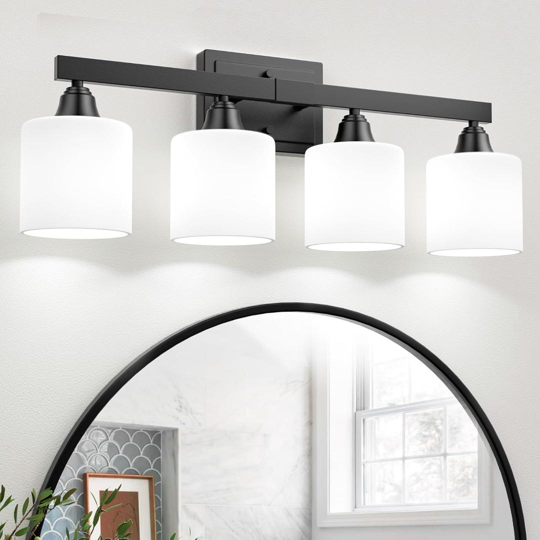 VOLISUN Matte Black Bathroom Light Fixtures, 4-Light Bathroom Vanity Lights Over Mirror, Modern Vanity Light for Bathrooms, Bathrooms Lights Fixtures Over Mirror with Milky White Frosted Glass Shades