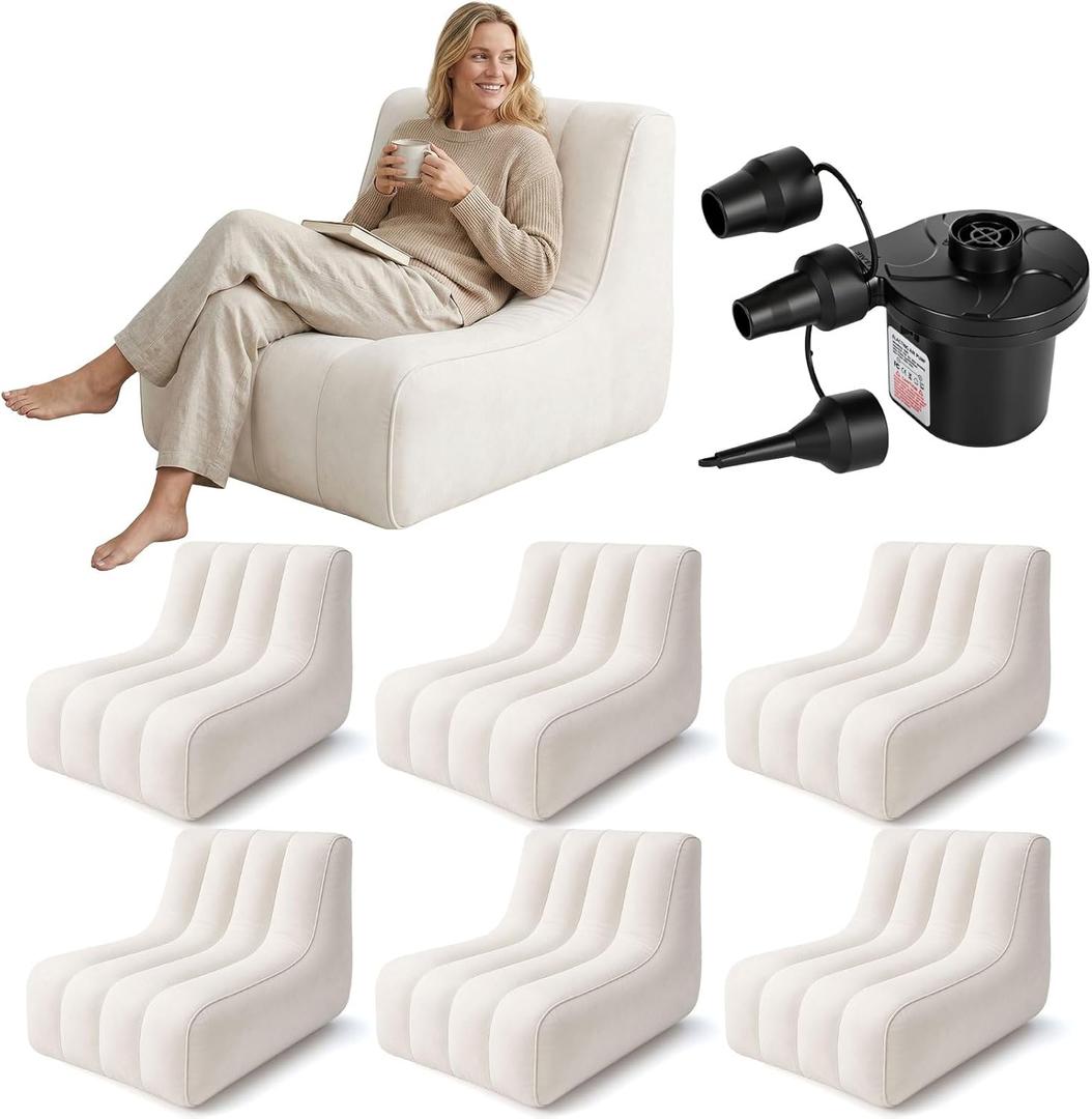 6 Pcs Inflatable Chairs for Adults, Blow up Couch with Electric Air Pump, Inflatable Chairs for Movie Night Flocking Portable Blow up Furniture Beanbag Sofa for Living Room Party (Beige)