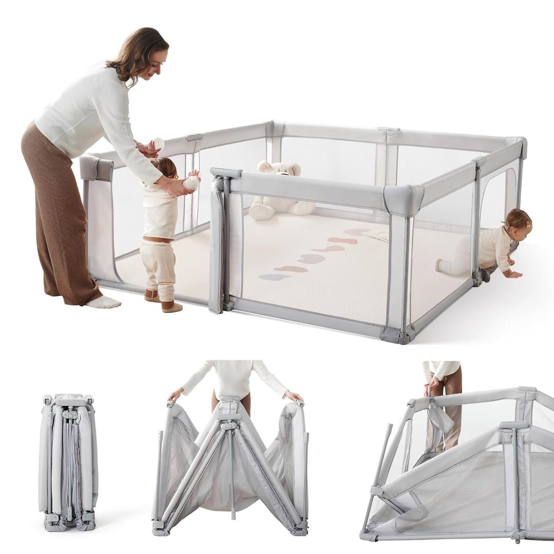 Foldable Baby Playpen,Portable Indoor & Outdoor Playpen for Babies and Toddlers,59x71Extra Large Play Pen with Gate,Collapsible Baby Fence with Travel Bag(Light Grey)