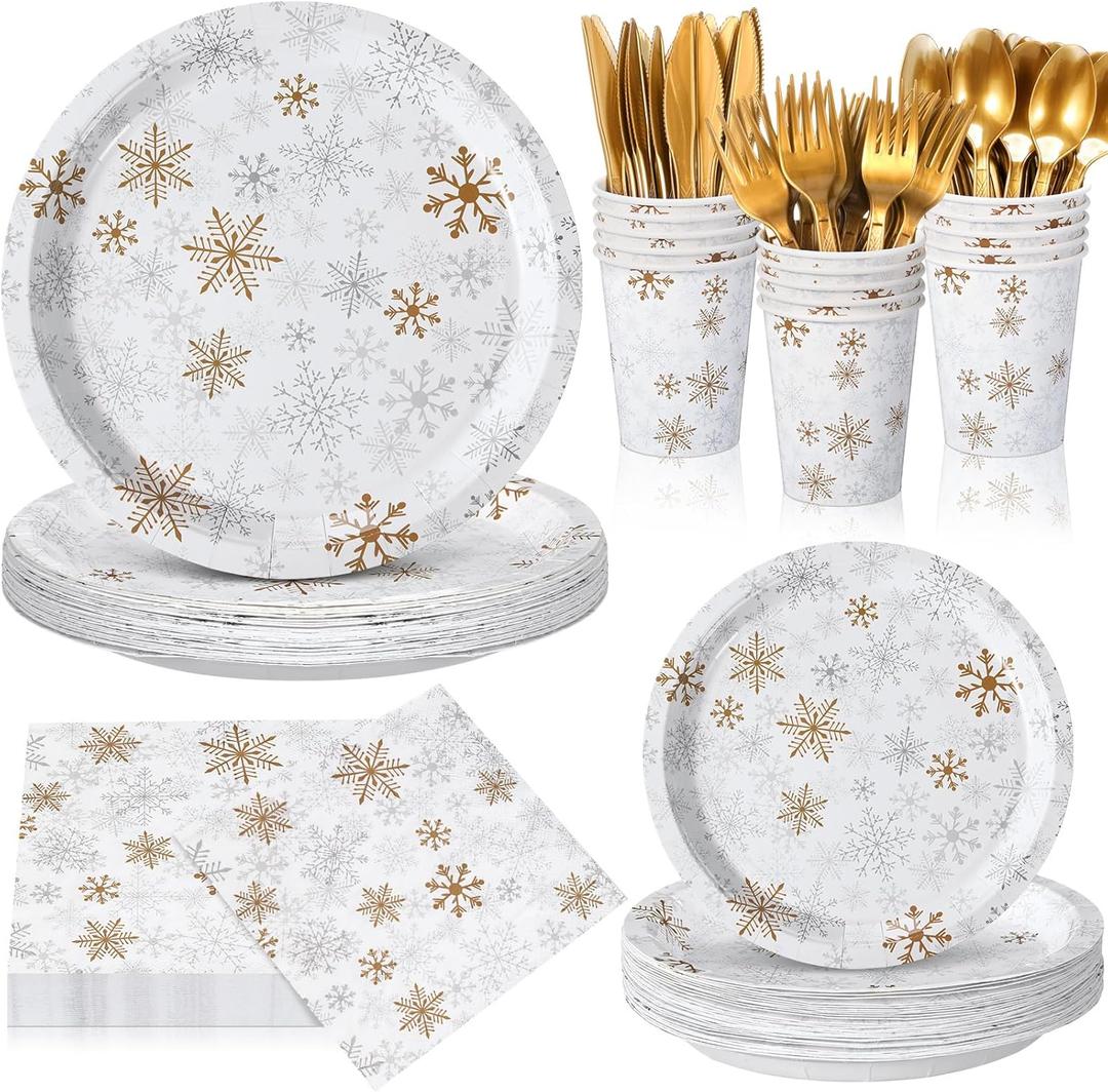 210 Pcs Winter Snowflake Tableware Set Winter Wonderland Party Supplies Disposable Snowflake Paper Plates Napkin Cup Plastic Knife Fork Spoon Party Dinnerwares (Gold)