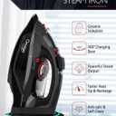 OMAIGA Cordless Iron for Clothes, 1500W Steam Iron with Non-Stick Ceramic Soleplate, Auto Shut Off, Self-Clean, Burst of Steam, Anti-calc, 3 Temperature Settings, 11.84oz Water Tank, Black