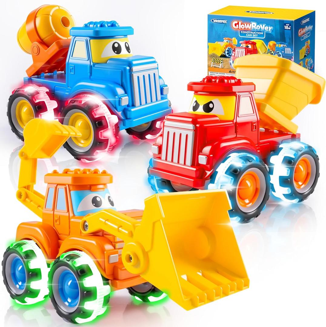 Jova GlowRover 3 Pack Monster Truck Toys, City Construction Cars with LED Light Up Wheels, Friction Powered Cars for Toddlers Boys Girls 18M+, Birthday Gifts for Christmas