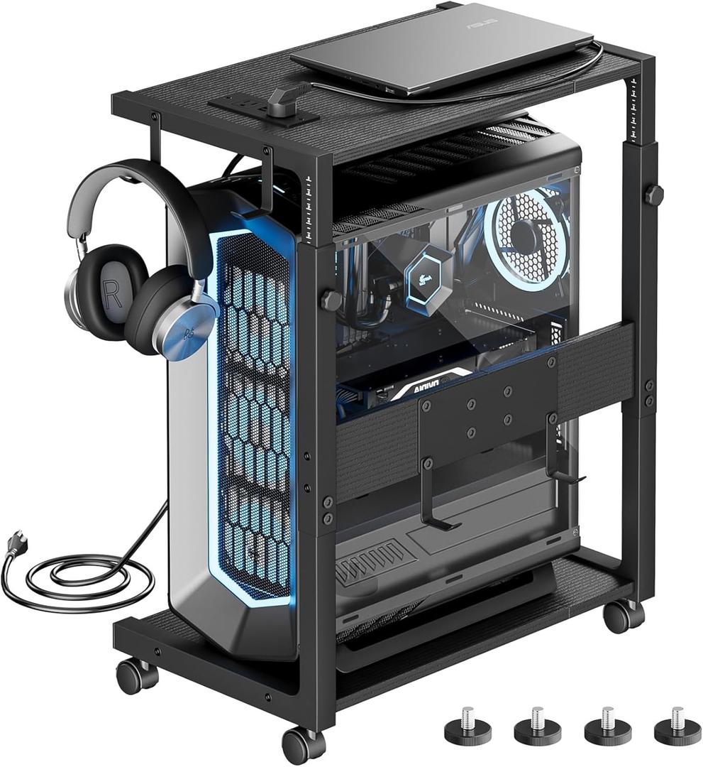 JANE EYRE Computer Tower Stand Adjustable PC Tower Stand CPU Holder Cart with Charging Station for Office Home Classroom,23.03"28.3" H, black