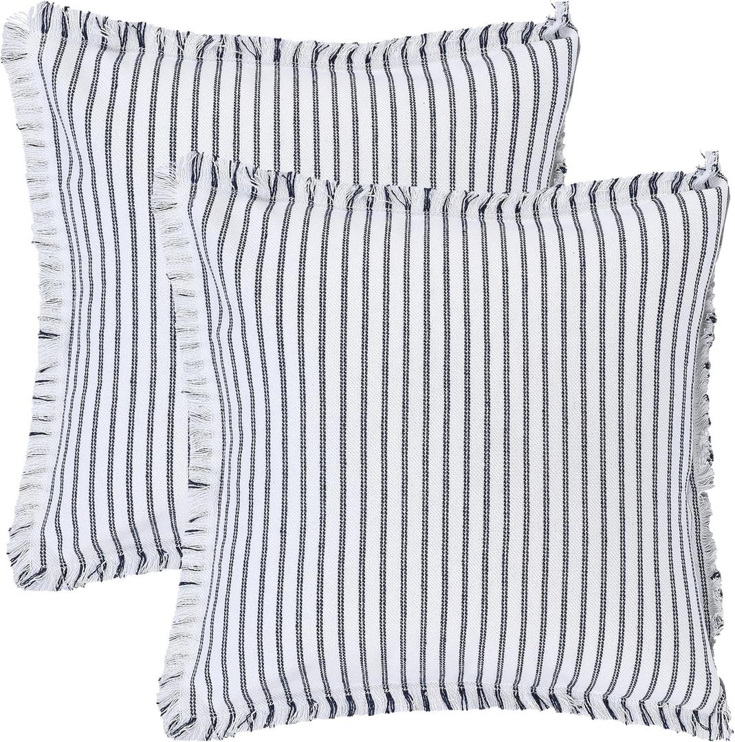 2 Pcs Classical Striped Throw Pillow Cover with Tassels Fringe Boho Decoration Cushion Cases for Home 20 x 20 Inch Navy Blue