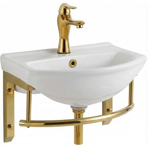 Renovators Supply Small ADA Wall Mount Bathroom Sink, Brass, 17 3/4 in.
Floating wall hung sink combo. Faucet, drain, overflow, towel bar included. Grade A vitreous china. Powder room.