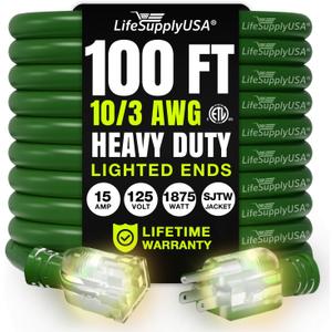 100ft Outdoor/Indoor Extension Cord 10/3 Gauge Ultra Heavy Duty 3 Prong SJTW, Waterproof, ETL Listed, Flexible Cold-Resistant Long Power Cord,15A 125V 1875W, Green by LifeSupply USA