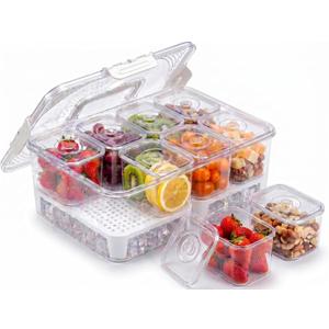 Chilled Snackle Box Container with Ice Tray - 8 Compartment Serving Tray with Lid & Handle, Leak-Proof & Odor-Free Snack Box, Portable Cold Food Platter for Picnic, Party, Travel, Road Trip, 1 pcs 8 compartments with ice cube tray