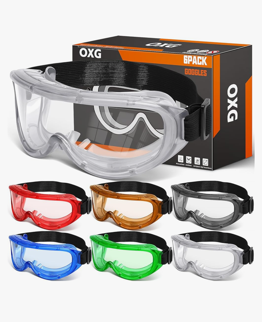 OXG 6 Pack Protective Safety Goggles Anti-Fog, Adjustable Chemical Splash Eye Protection Science Lab Goggles for Women Men