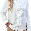 LYANER Women's Collar Neck Button Down Ruffle Front Long Sleeve Blouse Shirt Top (White)