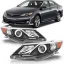 Headlight Assembly Compatible with 2012 2013 2014 Toyota Camry L/Se/Le/Xle Halogen Headlamp Pair, Black Housing Amber Reflector