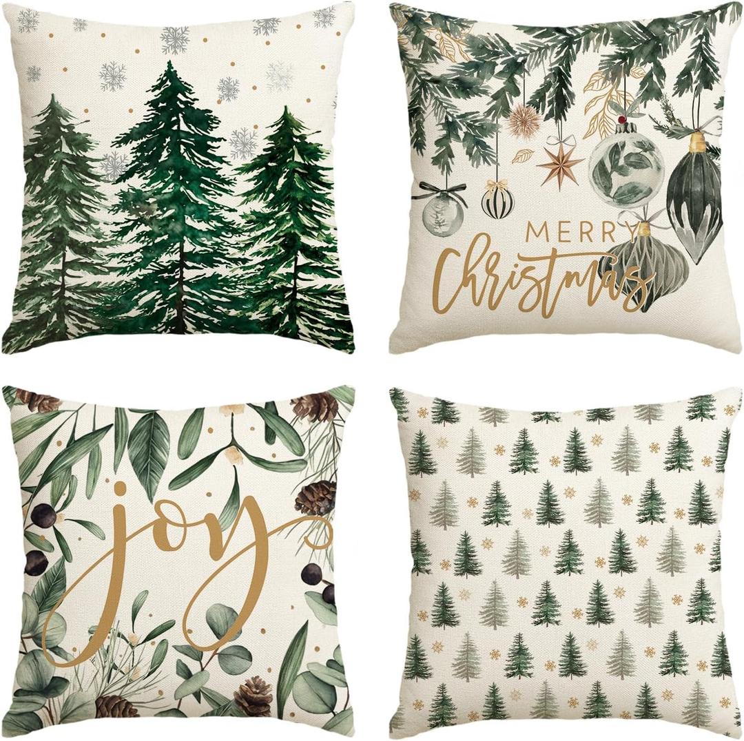 AVOIN colorlife Merry Christmas Trees Snowflake Throw Pillow Covers, 16 x 16 Inch Joy Xmas Balls Winter Holiday Cushion Case Decoration for Sofa Couch Set of 4 (Green)