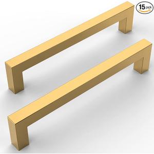 Amerdeco 15 Pack Gold Kitchen Cabinet Handles 7 Inch(178mm) Hole Centers, Stainless Steel Handles for Kitchen Cabinet Hardware, Brushed Brass Cabinet Pulls for Bathroom Cupboard Dresser Drawer Handles