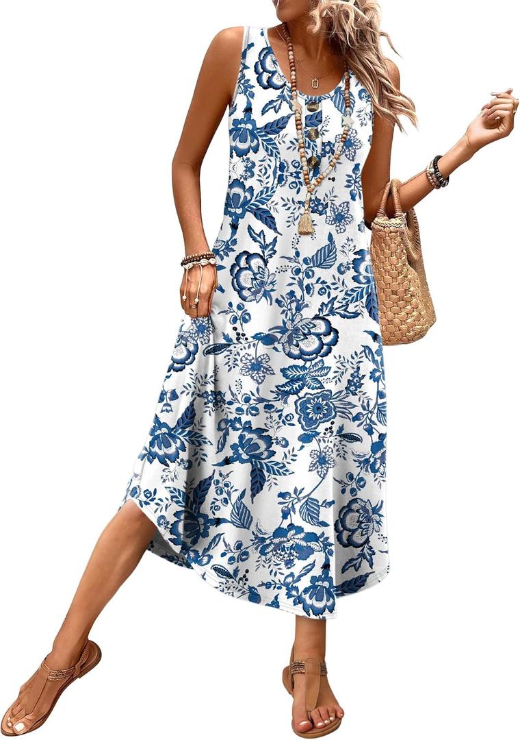 WIHOLL Summer Dresses for Women 2026 Button Front Sleeveless Casual Midi Dress Beach Vacation Sundresses with Pockets (Large, Blue Boho Print)