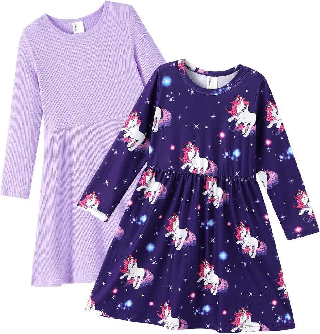 PATPAT Toddler Girl Long Sleeve Dresses 2-Pack Ribbed Cotton & Woven A-Line, Soft Spring Outfits for Girls, 18M10Y (Purple)
