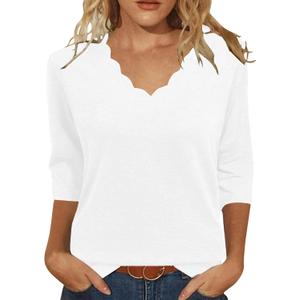 JomeDesign Womens Summer Tops 3/4 Sleeve Casual Dressy Shirts V Neck Loose Fit Blouses (White, L)