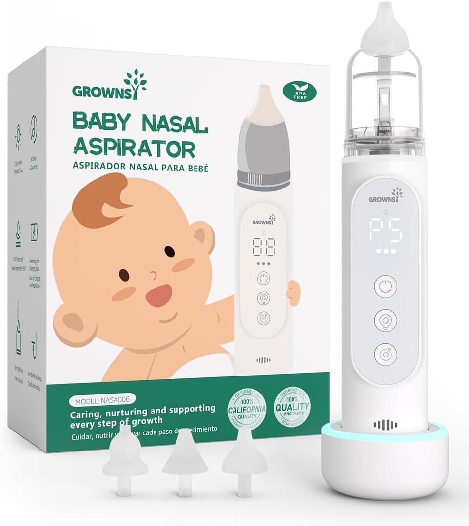 GROWNSY Nasal Aspirator for Baby, Upgraded 5 Suction Levels Baby Nose Sucker, IPX7 Waterproof Electric Nose Suction for Baby, Booger Sucker for Toddlers with Automatic Cleaning &Music &Light Functions (Standard, Grey)