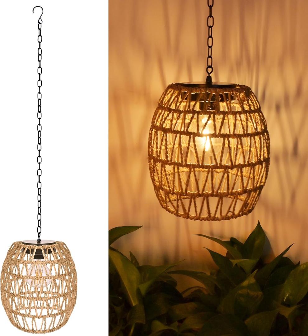 Larekook Hanging Solar Lanterns Outdoor Waterproof, Natural Seeweed Rattan Lantern Bamboo Woven Hanging Pendent Light with Edison Bulb,Solar Chandelier Outdoor Light for Gazebo Garden Porch Patio