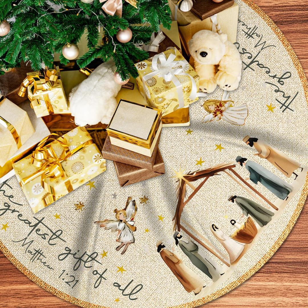 Christmas Tree Skirt Nativity Scene,Jesus Christmas Tree Skirt 48Inch,Vintage Merry Xmas Party Decorations for Christian Xmas Holy Night Winter Holiday New Year Party Supply