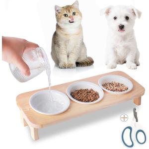 3 Elevated Cat Food and Water Bowl Set with Stand,15Tilted Raised Pet Bowlfor Kittens/Puppy with 3 Ceremic Dishes, Indoor Cat Food BowlAnti-Vomit & Whisker Fatigue Relief, Dishwasher Safe (Wooden)