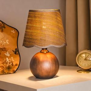 11.4" Modern Wooden Bedside Table Lamp, Small Nightstand Desk Lamp with Fabric Shade, Warm Ambient Light, Dimmable E26 Socket with Bulb Included for Bedroom Living Room (Fabric, Scalloped Fabric+Solid Wood Base)