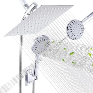 MLD Rain Shower Head with Handheld Spray, Silvery Rainfall Square Shower Head Combo, Dual High Pressure Shower Heads with Adjustable 6-Mode Detachable Showerhead, Holder and Hose (Chrome)