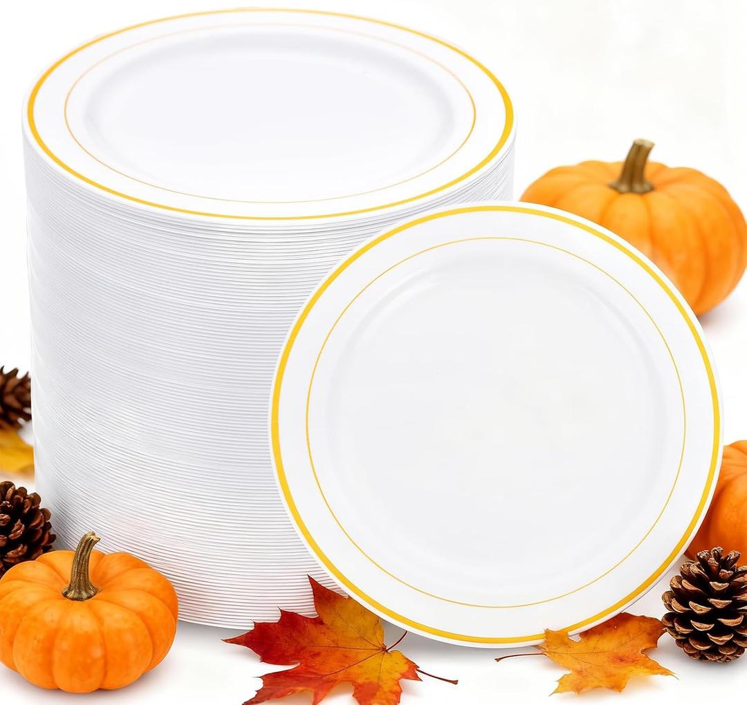 WELLIFE 144Pcs Gold Dessert Plates, 7.5 Inch Plastic Appetizer plates, Heavy Duty plastic Party Plates, White and Gold Plastic plate for Party and Wedding