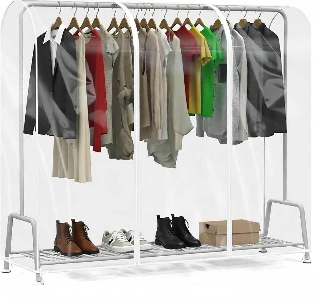 Clear Garment Rack Cover, Dustproof and Waterproof Clothes Rack Cover, Clear Garment Bags with 2 Durable Zippers for Garment Rack (L/71x20x59 inch)