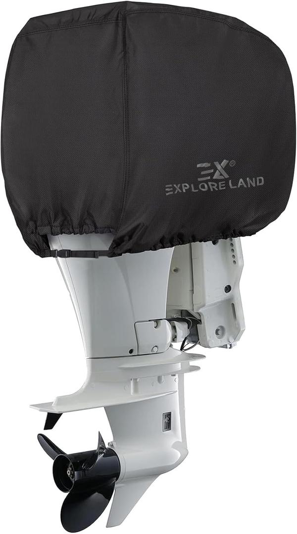 Explore Land Outboard Motor Cover - Waterproof and Fade Resistant 600D Heavy Duty Boat Engine Hood Covers - Fit for Motor 50-115 HP, Black