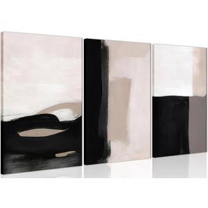 AKWISH Abstract Canvas Wall Art Set of 3, Modern Beige Black and White Wall Decor, Neutral Abstract Artwork Poster Prints Painting for Living Room, Bedroom, Dining Room, Framed 12x16 In