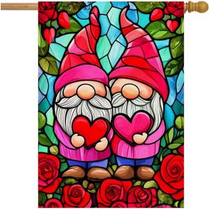 Valentines Gnomes House Flag 28x40 Inch Double Sided Outside, Stained Glass Valentines Yard Flag for Anniversary Wedding Outdoor Decoration