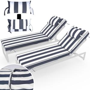 Chaise Lounge Cushions Outdoor Set of 2 Lounge Chair Cushion 80" L x 26" W with Headrest Straps 3'' Thick Waterproof Patio Chaise Cushions Pool Lounger Chair Cushion(Blue Stripe)
