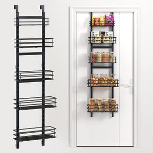 Adjustable 5-Tier Over the Door Pantry Organizer, Spice Rack, Narrow Hanging Shelf for Kitchen Storage and Organization (Black-5)