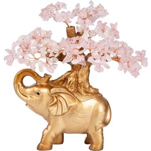 Rose Quartz Crystal Money Tree on Gold Mini Elephant Statue, 10Gemstone Bonsai Tree of Life Home Dcor Gifts for Wealth Positive Energy, Feng Shui Dcor