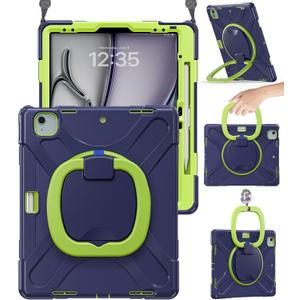 BRAECN Case for iPad Air 13” M4 2026/M3 2025/M2 2024 & iPad Pro 12.9 6th/5th/4th/3rd Gen: Military Grade Silicone Cover with Pencil Holder, Kickstand, Swivel Handle Grip, Shoulder Strap, Navy Green