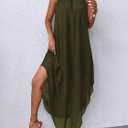 SKAYS Women's Elegant Halter Neck Dress High End Sleeveless Cocktail Party Dress Summer Flowy Wedding Guest Long Dress (Green, M)