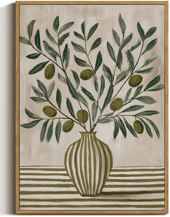 XJYISUO Vintage Framed Wall Art Olive Branch Canvas Art Botanical Pictures Wall Decor Rustic Paintings Farmhouse Artwork For Kitchen Dining Room Living Room, 24"L x 16"W