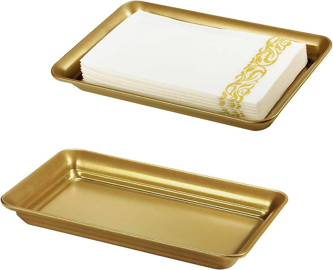 Vintage Farmhouse Decor Metal Vanity Tray(2 Pack),Countertop Guest Hand Towel Storage Organizer Tray Dispenser, Sturdy Holder for Perfume,Cosmetics, Jewelry, Makeup Bathroom Organizer,Gold