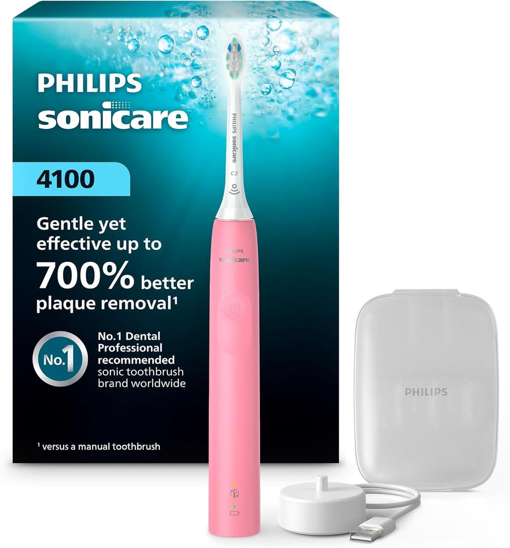 Philips Sonicare 4100 Rechargeable Electric Toothbrush, Advanced Plaque Removal, Pressure Sensor, Includes Brush Head Case, Deep Pink BD5004AZ