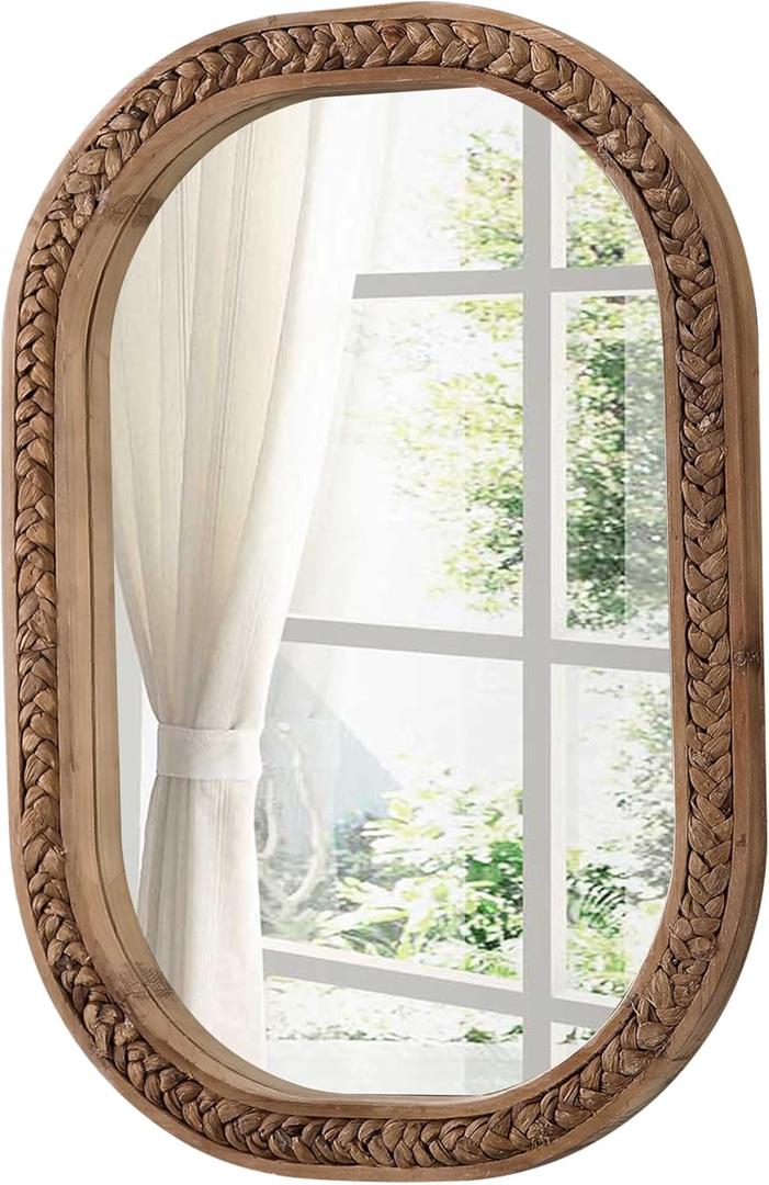 Rustic Oval Rattan Mirrors for Wall 16 X 24 Inch, Hanging Wood Frame Mirrors for Bedroom, Handmade Unique Coastal Mirror Wall Decorative for Bathroom Entryway, Horizontal or Vertical