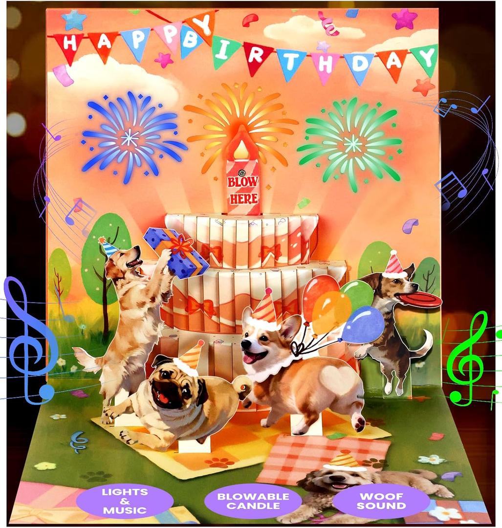 Coralogo Dog Woof Song Musical Birthday Card - DIY Age & Blowable Candle & Fireworks Lights, Dog Birthday Pop Up Card, 3D Cute Surprise Fun Gifts for Women Kids Girl Boy DogLover with Envelope Blank Note