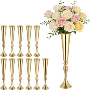 VEVOR 12 PCS Wedding Flower Vase, 21.7 in Tall Trumpet Flower Table Centerpieces, Banquet Vases Easy Installation, Electroplated Versatile Arrangement Stand for Party Events Home Decor Reception, Gold