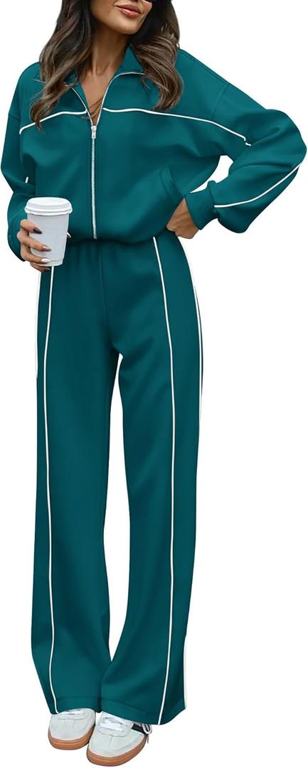 BTFBM Women's Two Piece Tracksuit Spring 2026 Long Sleeve Zip Up Sweatshirt Long Pants Outfits Jogger Sweatsuit Sets (Medium, Blue Green)