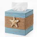Summer Beach Tissue Box Cover Rustic Blue Wood Tissue Box Cover, Beach Decor, Coastal Decor, Farmhouse Bathroom Accessories Starfish Decor Tissue Holder with Slide-Out Bottom Panel for Home
