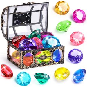 Diving Gem Pool Toy 10PCS DISHIO Big Colorful Diamond Diving Toy with Treasure Box Chest Pirate Pool Toys for Kids Toddlers Underwater Sinking Dive Gemstone for Swimming Bath Birthday Party Decoration
