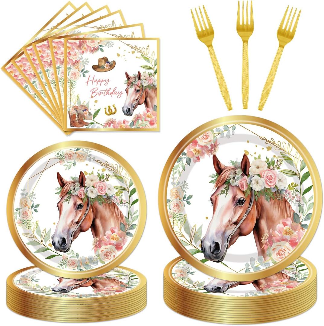 Horse Birthday Party Supplies Tableware - 96 Pcs Golden Horse Themed Plates and Napkins Sets with Forks, Cowgirl Birthday Party Decorations, Western Baby Shower Disposable Dinnerware, Serves 24