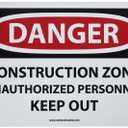 NMC D493RB OSHA Sign, Legend "DANGER - CONSTRUCTION ZONE UNAUTHORIZED PERSONNEL KEEP OUT", 14" Length x 10" Height, Rigid Plastic, Black on White