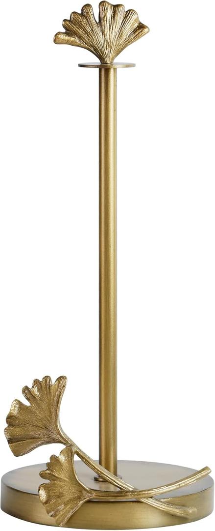 Vintage Gold Paper Towel Holder Countertop for Easy Tear Rustic Ginkgo Design Decorative Standing Kitchen Roll Dispenser for Bathroom, Bars & Dining Tables