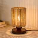Rattan Table Lamp,Boho Small Beside Lamp,Mini Farmhouse Table Lamp for Room Decor,Vintage Wicker Wooden Nightstand Bamboo Woven End Table Lamps for Living Room Bedroom Desk Kids Room,LED Bulb Included