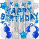 Silver Blue Birthday Party Decorations, Blue Happy Birthday Banner, Silver Fringe Curtain, Blue Silver Star Foil Balloons, Blue White Blue Confetti Balloons, for Boys Men Birthday Party Supplies